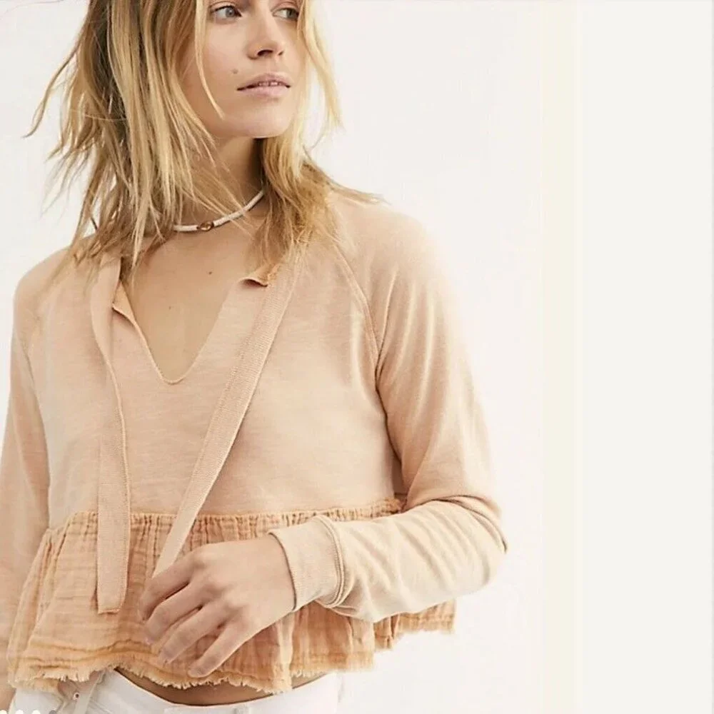 Free People Sweet Jane Pullover Top Sweatshirt Long Sleeve Cropped Oversized XS